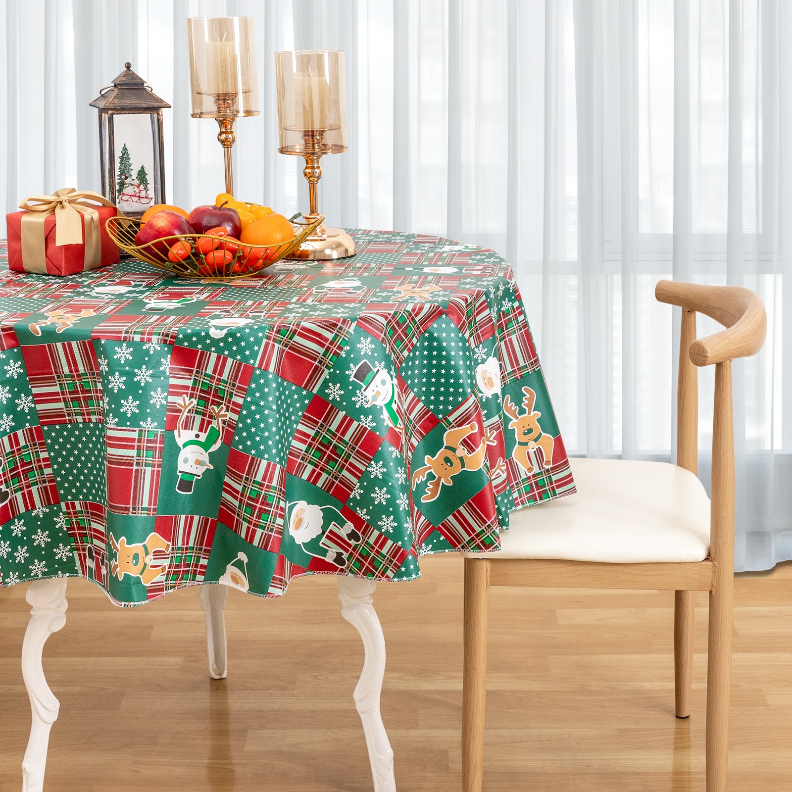 Christmas Cute elements Tablecloth Vinyl Surface with Flannel Backing Oilcloth Waterproof holiday (Green type)