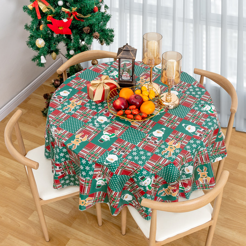 Christmas Cute elements Tablecloth Vinyl Surface with Flannel Backing Oilcloth Waterproof holiday (Green type)