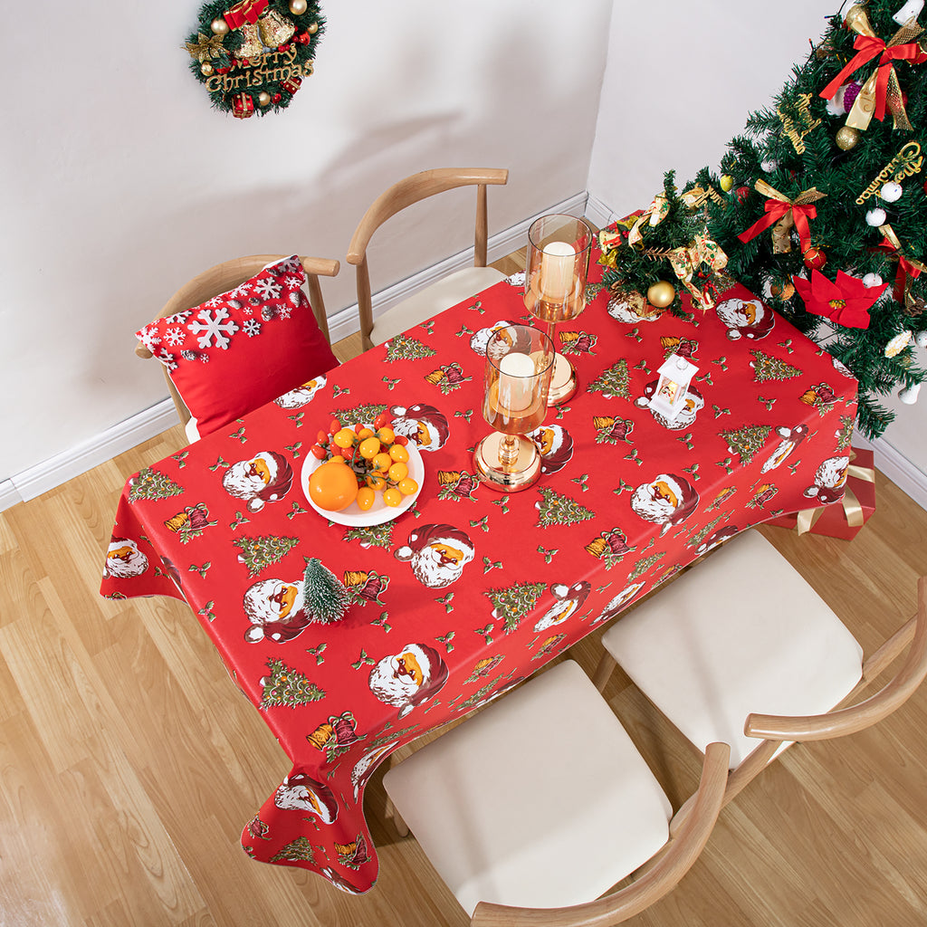 Happy Christmas Tablecloth Happy Cute Santa Claus Vinyl Surface with Flannel Backing Oilcloth Waterproof holiday (Red type)