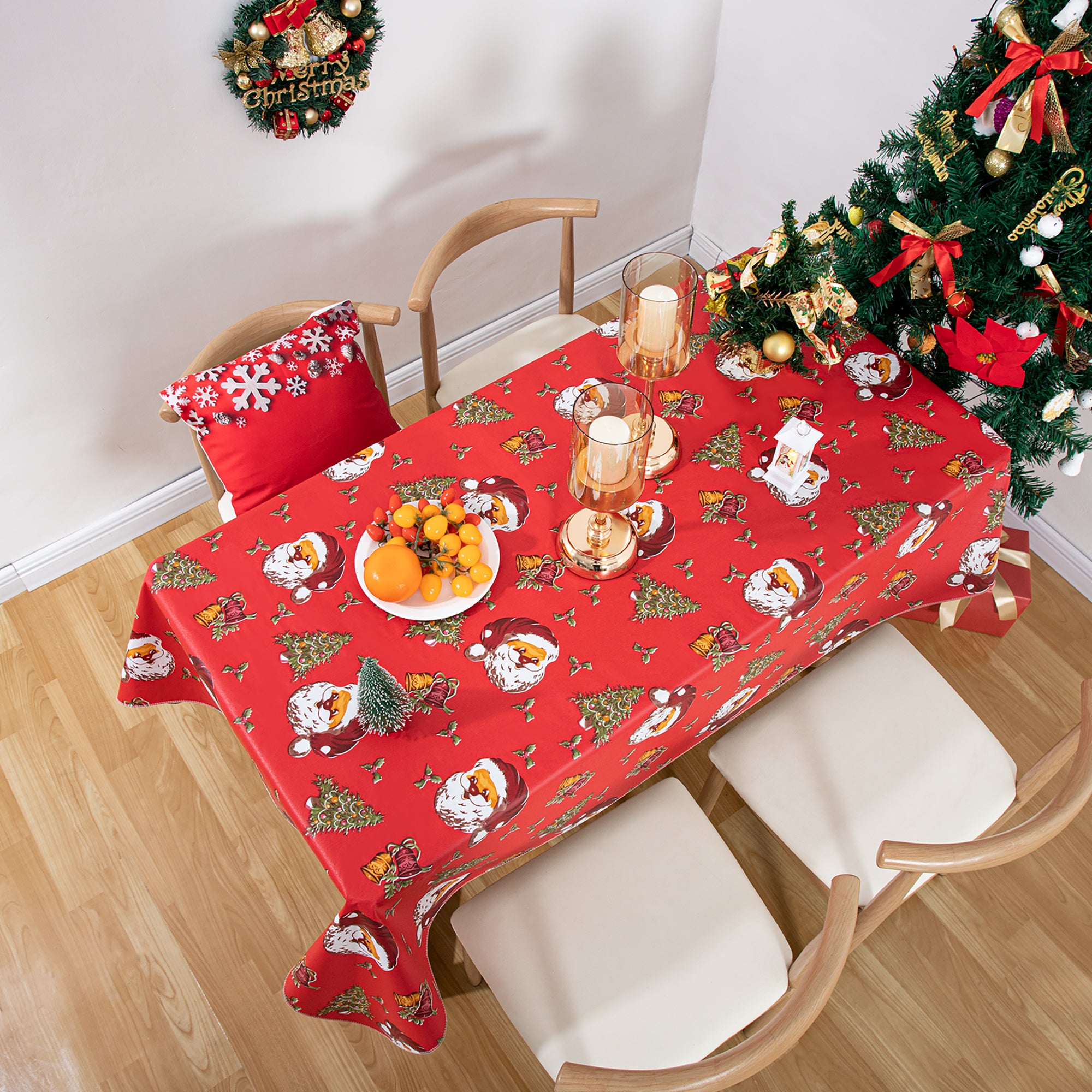 Happy Christmas Tablecloth Happy Cute Santa Claus Vinyl Surface with Flannel Backing Oilcloth Waterproof holiday (Red type)