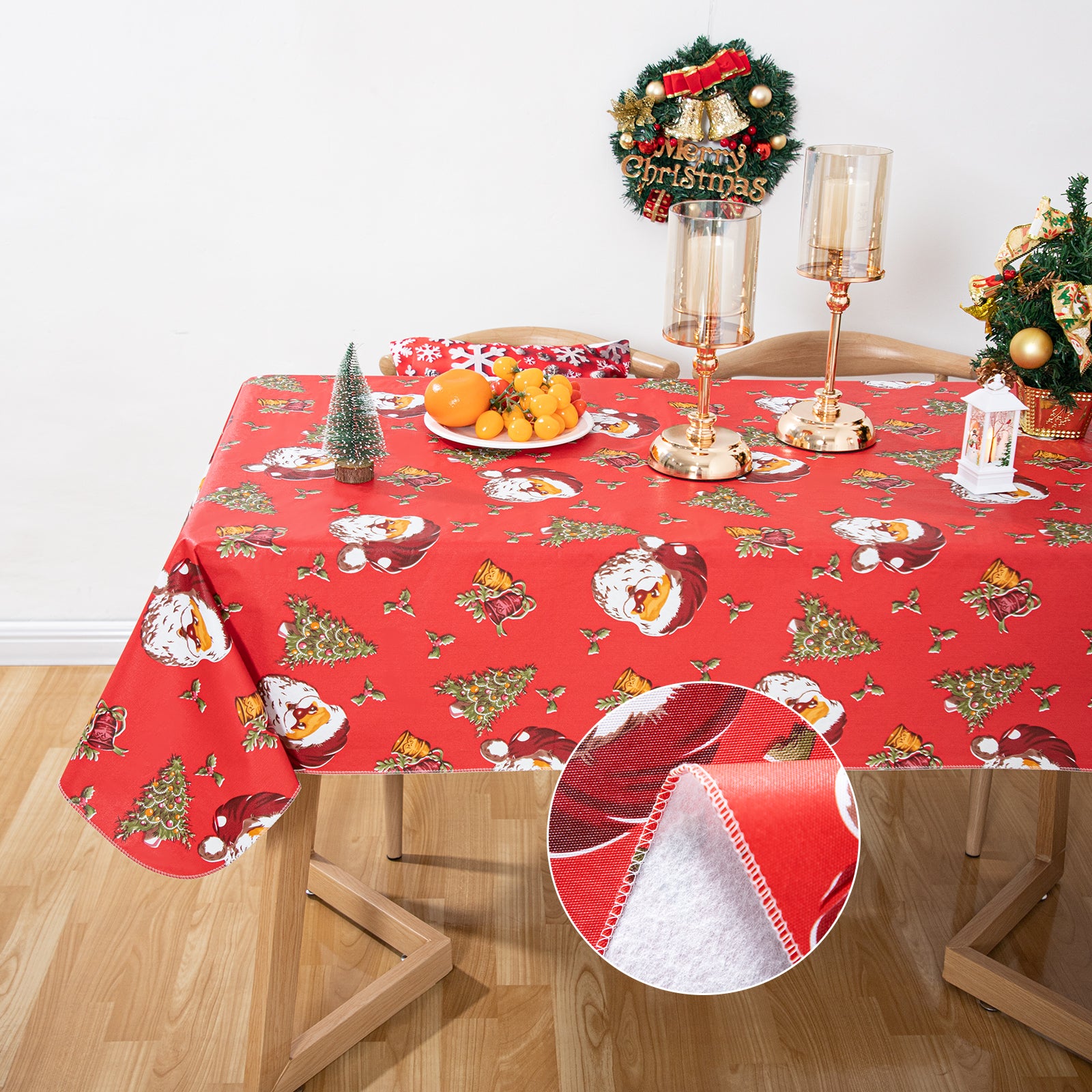 Happy Christmas Tablecloth Happy Cute Santa Claus Vinyl Surface with Flannel Backing Oilcloth Waterproof holiday (Red type)