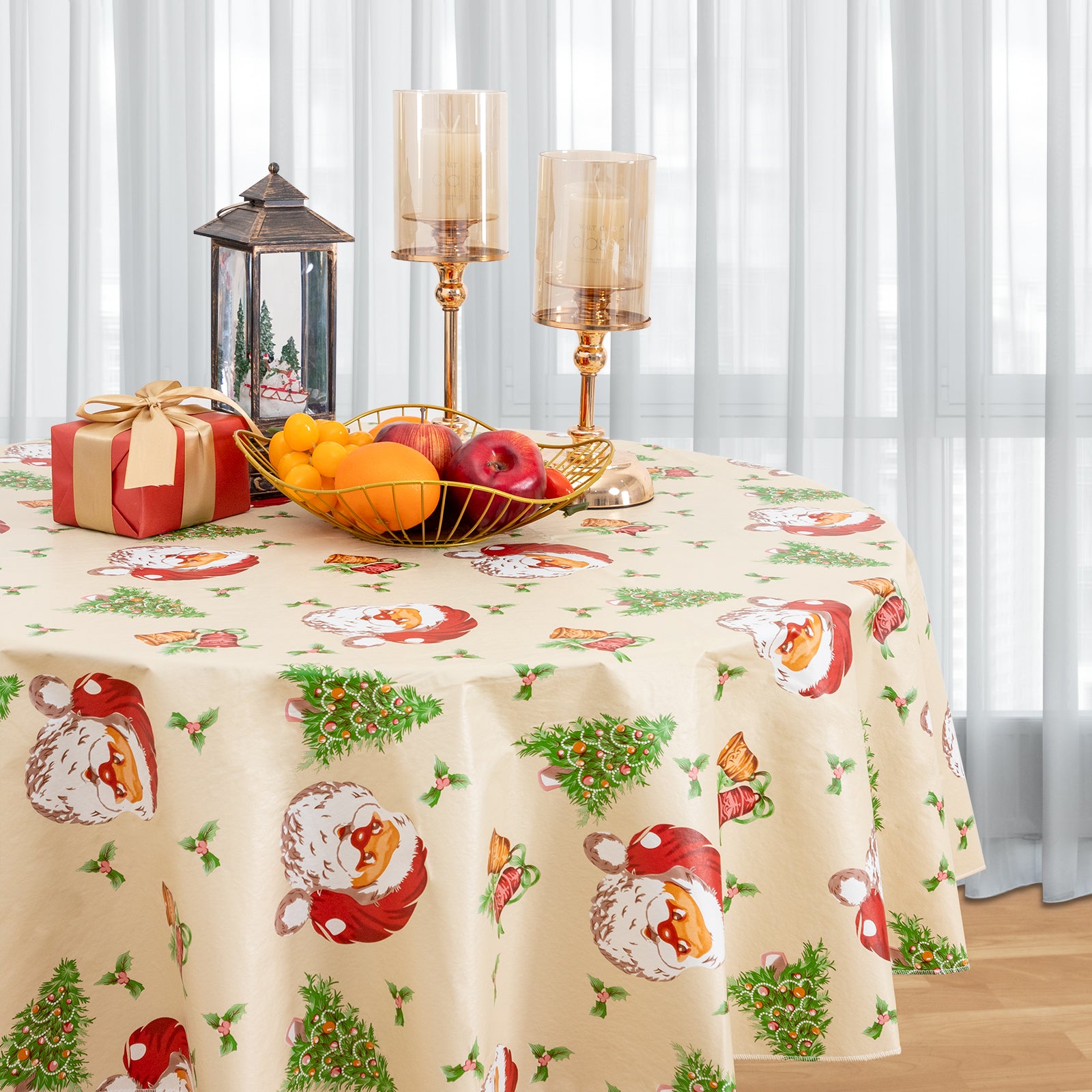 Christmas Tablecloth Happy Cute Santa Claus Vinyl Surface with Flannel Backing Oilcloth Waterproof holiday (Beige type)
