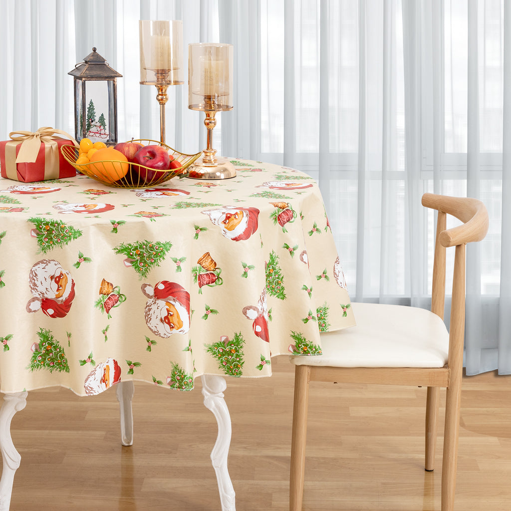 Christmas Tablecloth Happy Cute Santa Claus Vinyl Surface with Flannel Backing Oilcloth Waterproof holiday (Beige type)