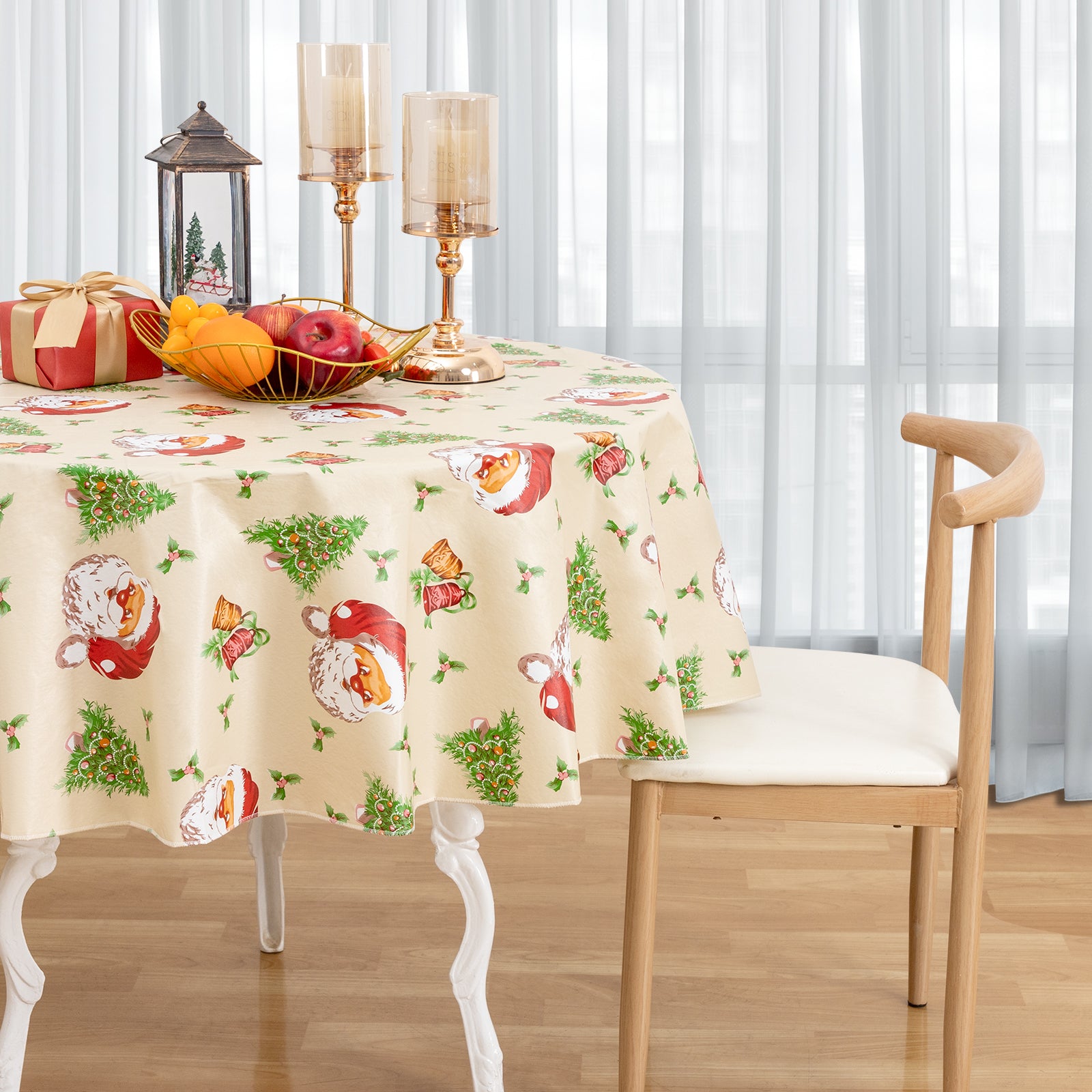 Christmas Tablecloth Happy Cute Santa Claus Vinyl Surface with Flannel Backing Oilcloth Waterproof holiday (Beige type)