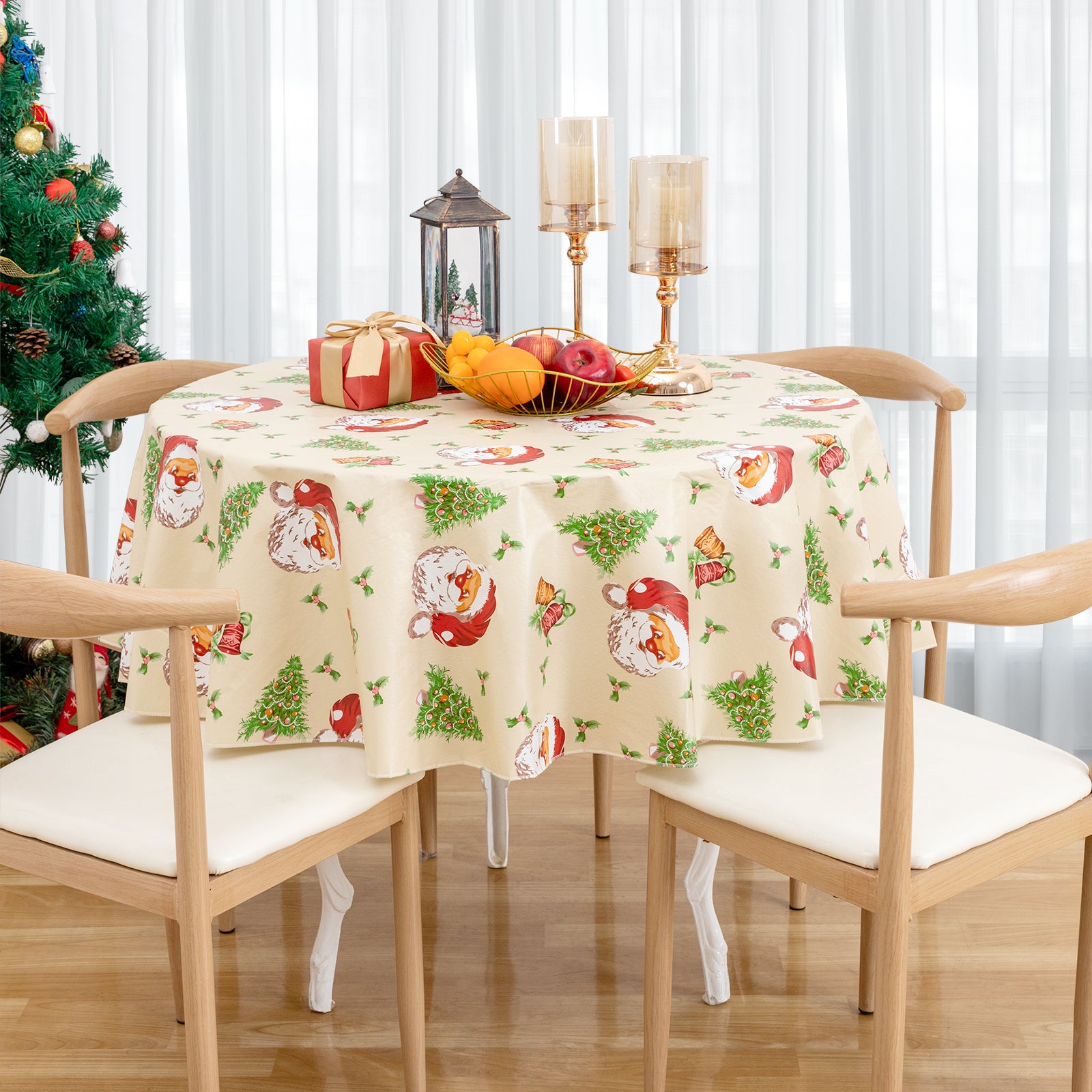 Christmas Tablecloth Happy Cute Santa Claus Vinyl Surface with Flannel Backing Oilcloth Waterproof holiday (Beige type)