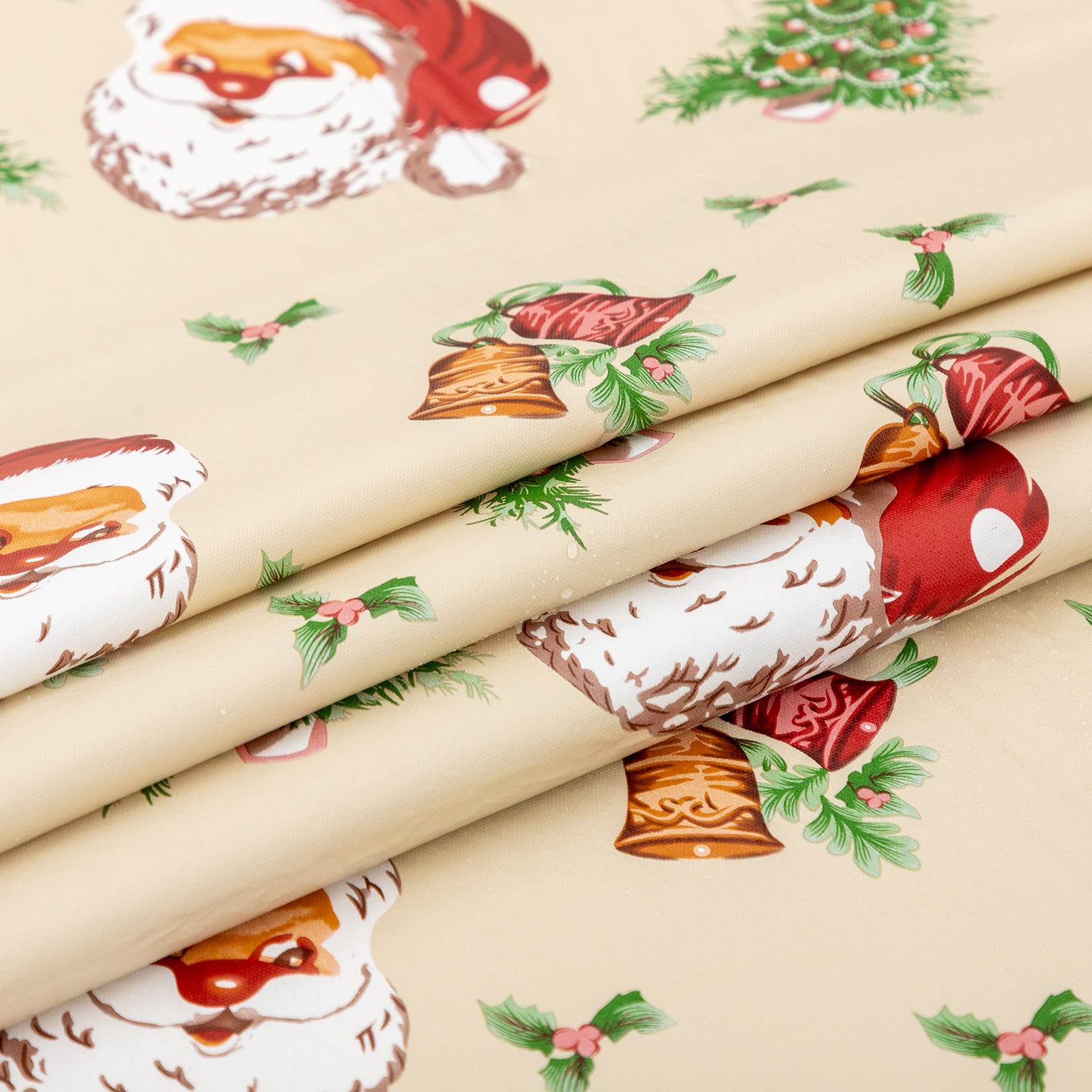Christmas Tablecloth Happy Cute Santa Claus Vinyl Surface with Flannel Backing Oilcloth Waterproof holiday (Beige type)