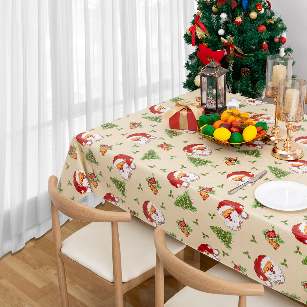 Christmas Tablecloth Happy Cute Santa Claus Vinyl Surface with Flannel Backing Oilcloth Waterproof holiday (Beige type)