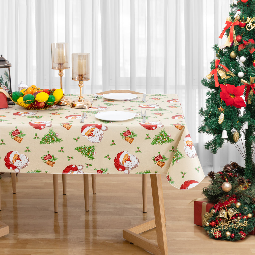Christmas Tablecloth Happy Cute Santa Claus Vinyl Surface with Flannel Backing Oilcloth Waterproof holiday (Beige type)