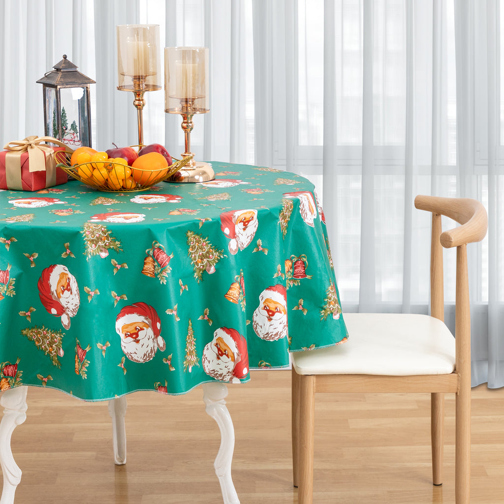 Christmas Tablecloth Happy Cute Santa Claus Vinyl Surface with Flannel Backing Oilcloth Waterproof holiday (Green type)