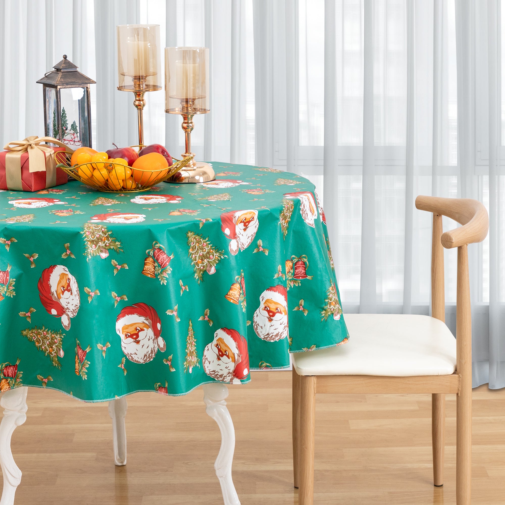 Christmas Tablecloth Happy Cute Santa Claus Vinyl Surface with Flannel Backing Oilcloth Waterproof holiday (Green type)