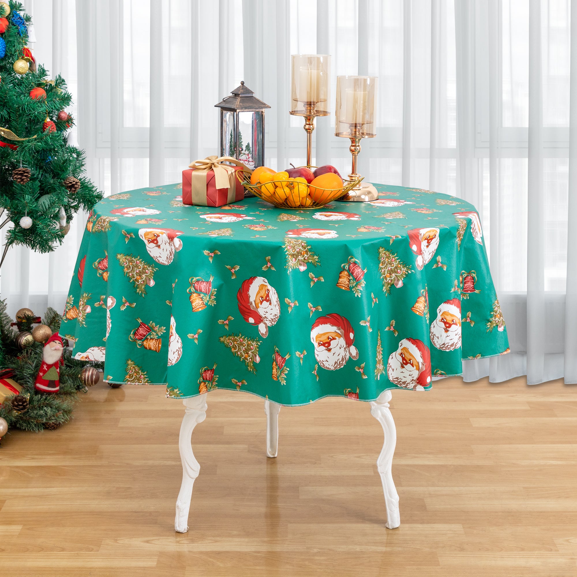 Christmas Tablecloth Happy Cute Santa Claus Vinyl Surface with Flannel Backing Oilcloth Waterproof holiday (Green type)