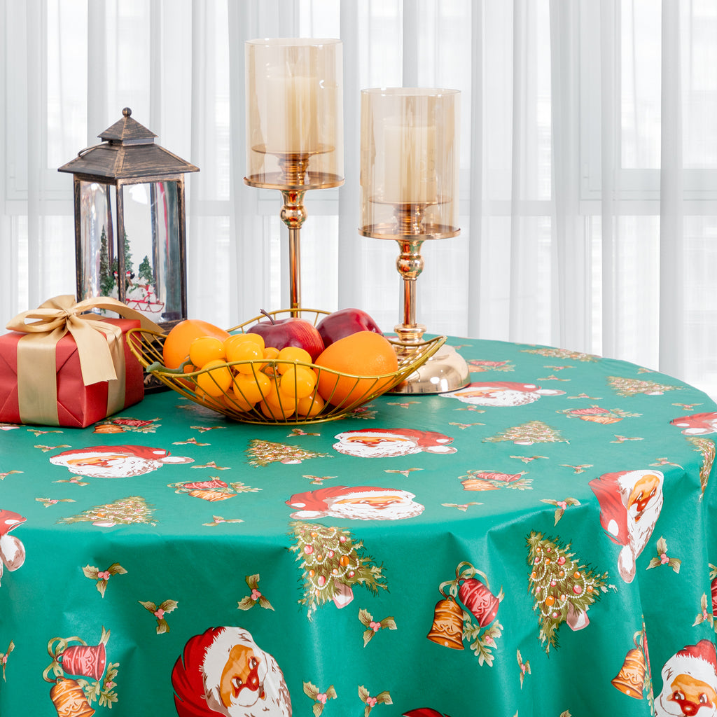 Christmas Tablecloth Happy Cute Santa Claus Vinyl Surface with Flannel Backing Oilcloth Waterproof holiday (Green type)