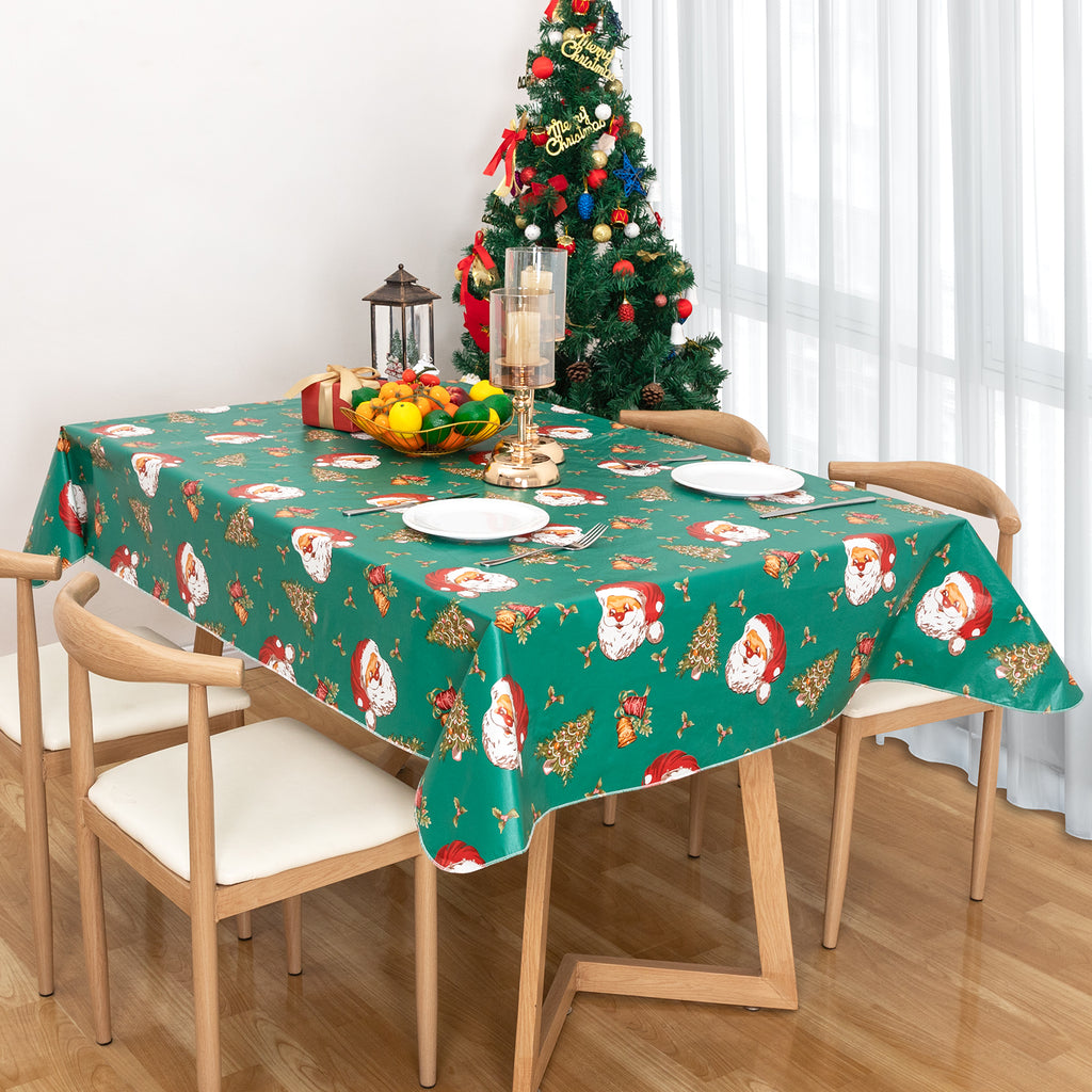 Christmas Tablecloth Happy Cute Santa Claus Vinyl Surface with Flannel Backing Oilcloth Waterproof holiday (Green type)