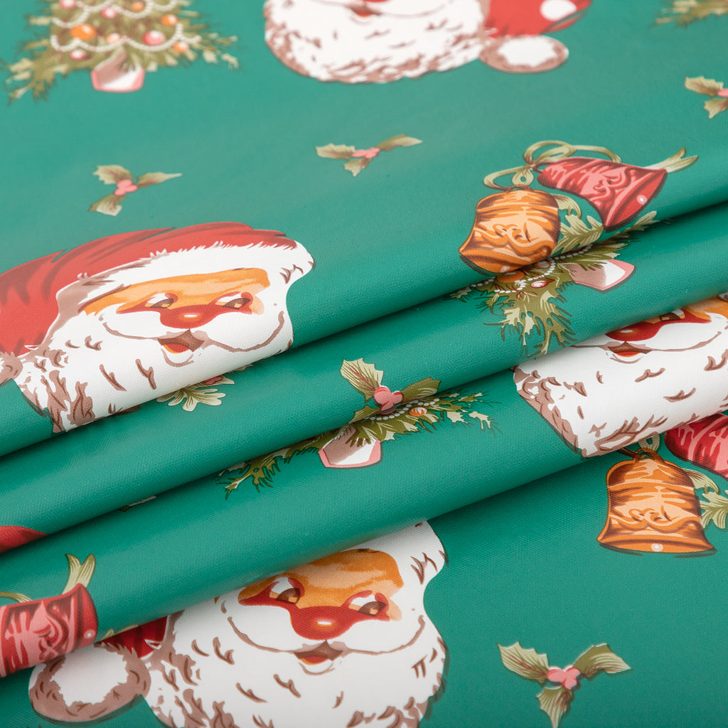 Christmas Tablecloth Happy Cute Santa Claus Vinyl Surface with Flannel Backing Oilcloth Waterproof holiday (Green type)