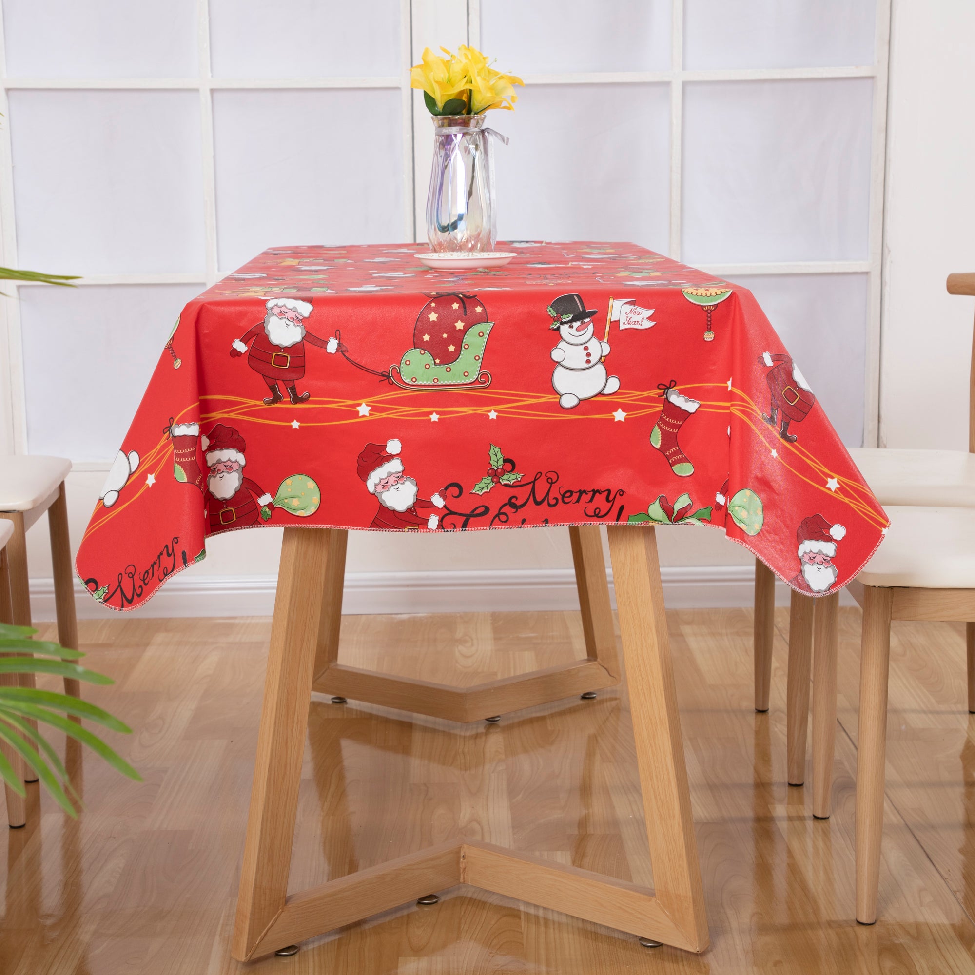 RAY STAR Red cartoon Santa Claus Tablecloth With Flannel Backing Round and Rectangle