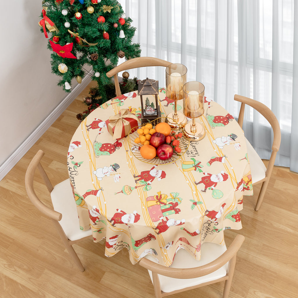 Christmas Tablecloth Santa Claus Vinyl Surface with Flannel Backing Oilcloth Waterproof holiday (Beige type)