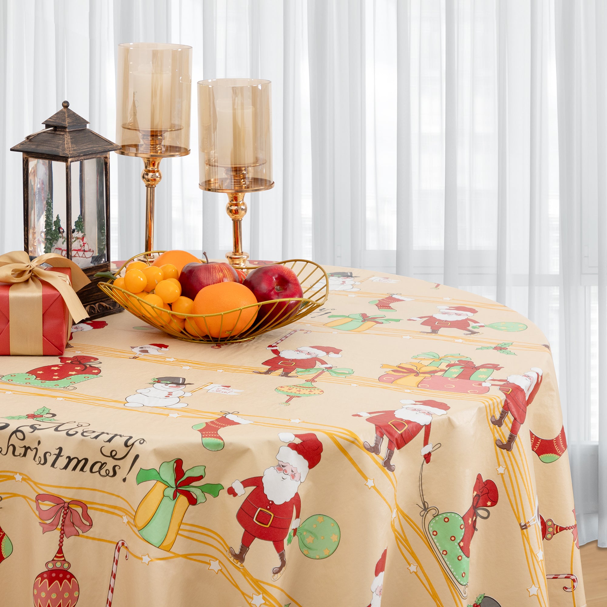 Christmas Tablecloth Santa Claus Vinyl Surface with Flannel Backing Oilcloth Waterproof holiday (Beige type)