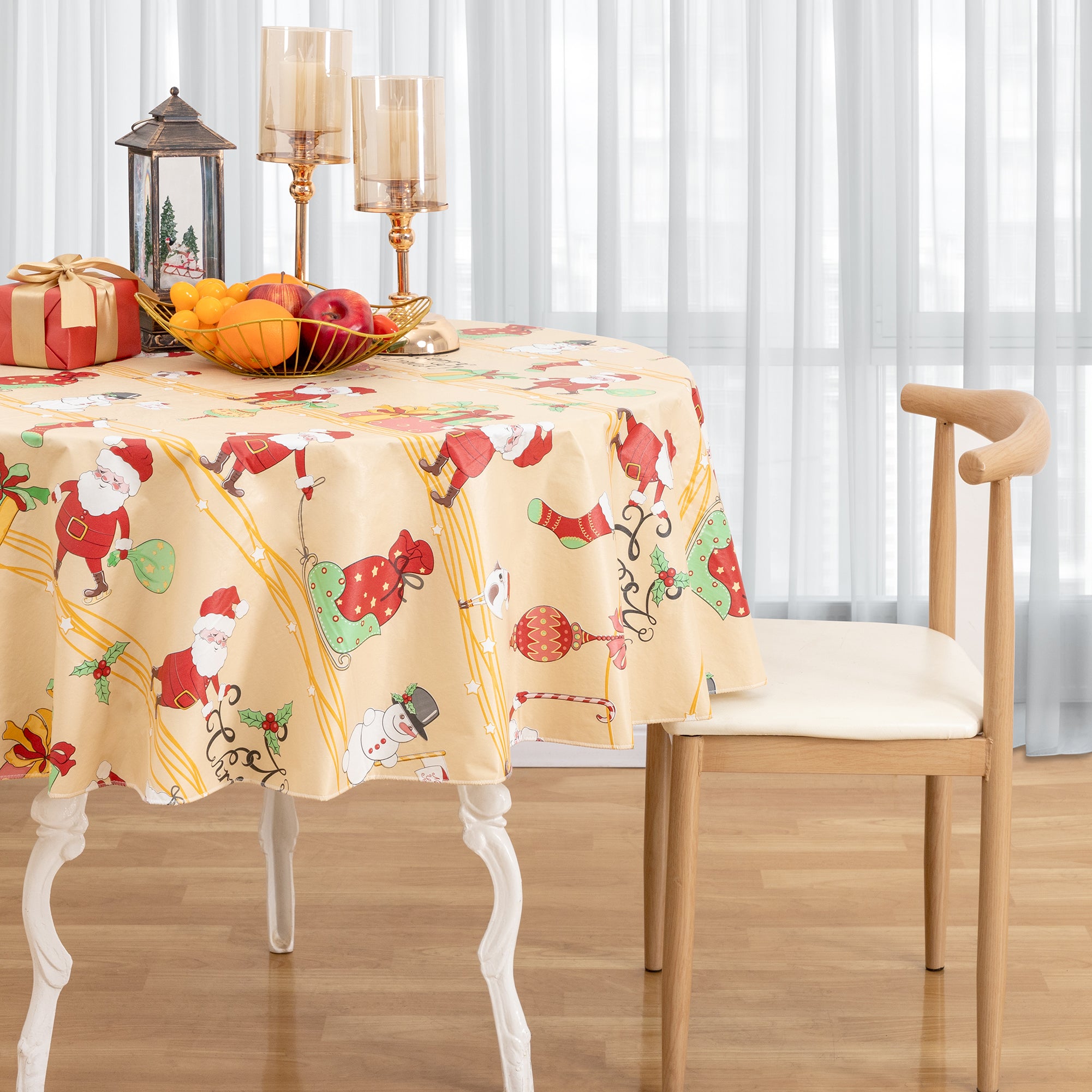 Christmas Tablecloth Santa Claus Vinyl Surface with Flannel Backing Oilcloth Waterproof holiday (Beige type)