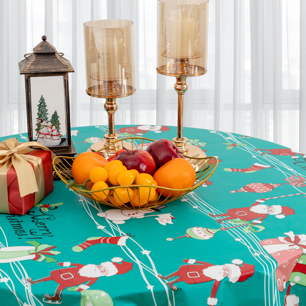 Christmas Tablecloth Santa Claus Gifts Vinyl Surface with Flannel Backing Oilcloth Waterproof holiday (Green type)