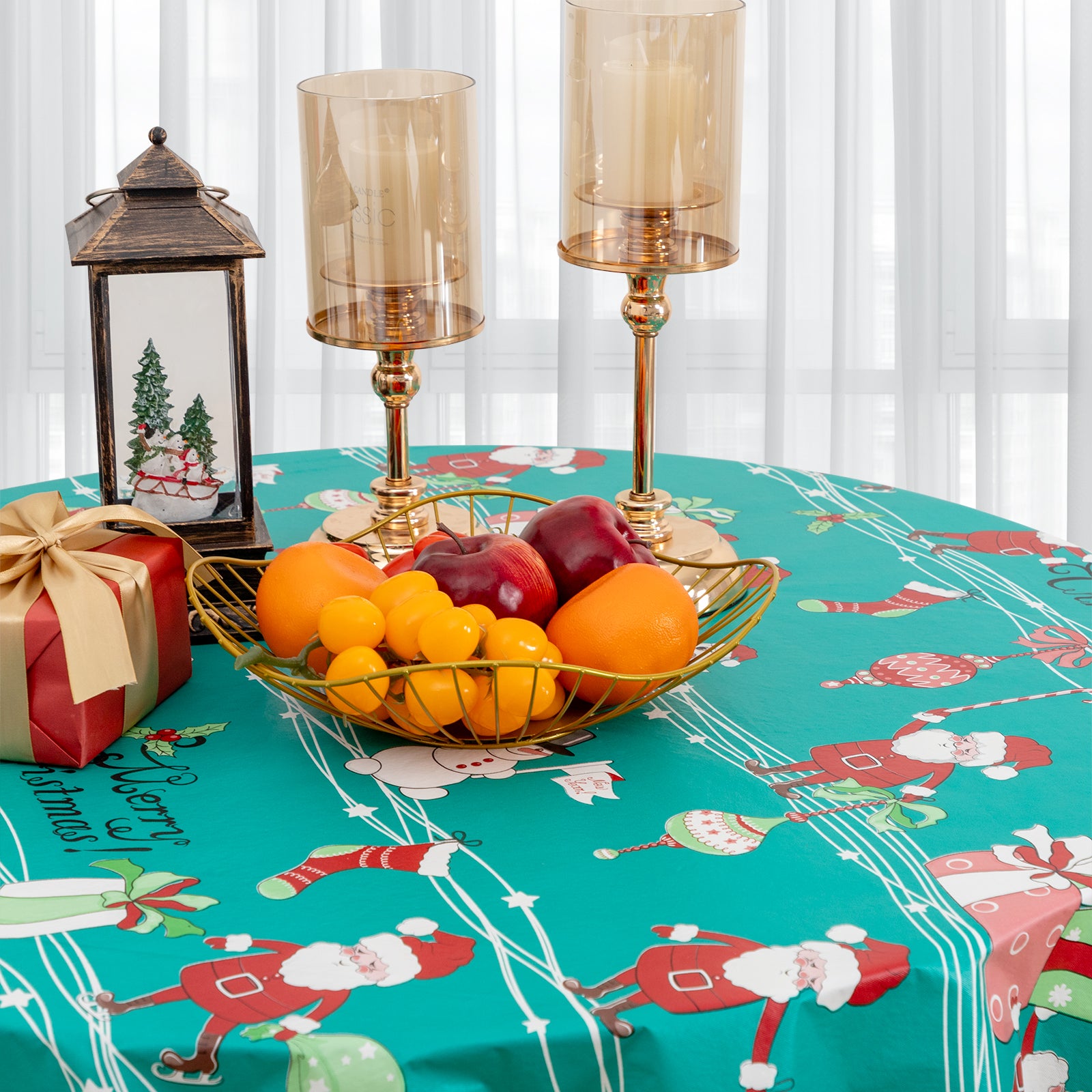 Christmas Tablecloth Santa Claus Gifts Vinyl Surface with Flannel Backing Oilcloth Waterproof holiday (Green type)