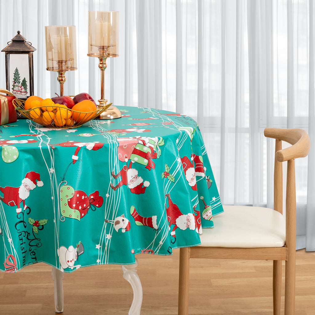 Christmas Tablecloth Santa Claus Gifts Vinyl Surface with Flannel Backing Oilcloth Waterproof holiday (Green type)
