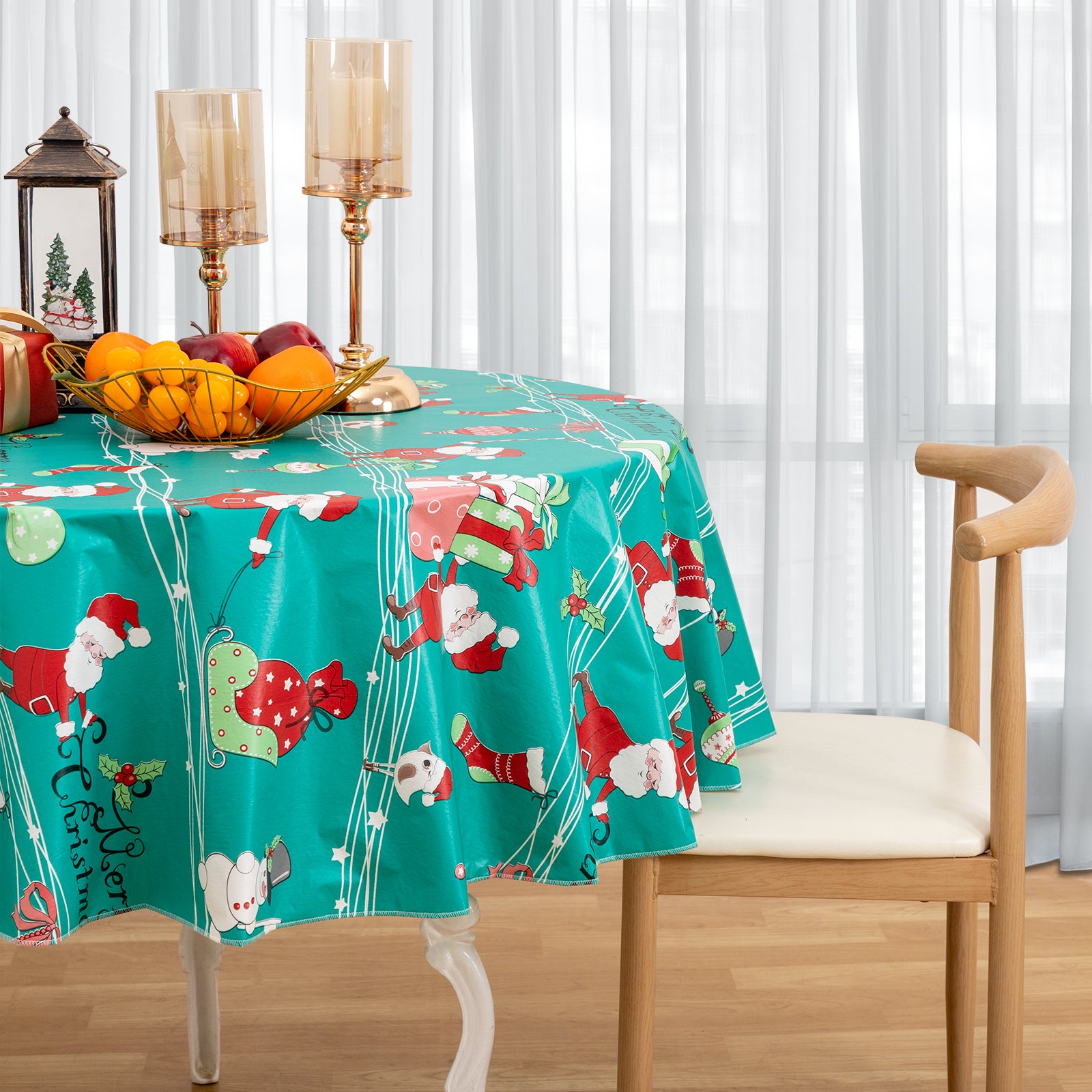Christmas Tablecloth Santa Claus Gifts Vinyl Surface with Flannel Backing Oilcloth Waterproof holiday (Green type)