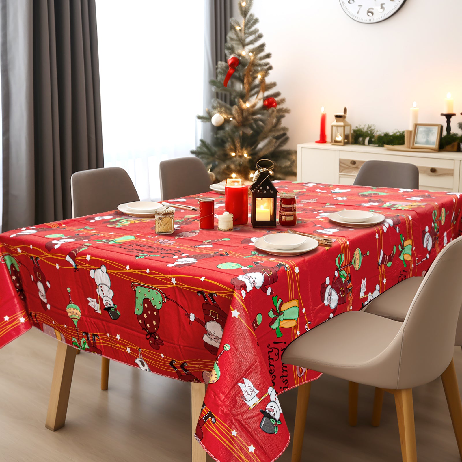 RAY STAR Red cartoon Santa Claus Tablecloth With Flannel Backing Round and Rectangle