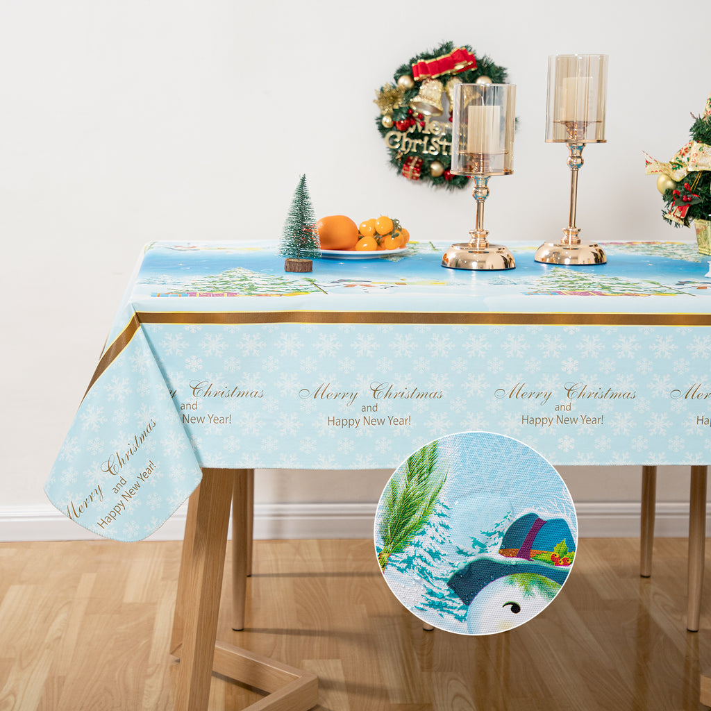 Christmas Blue Snowman Tablecloth Table Cover Vinyl Surface with Flannel Backing Oilcloth Waterproof holiday