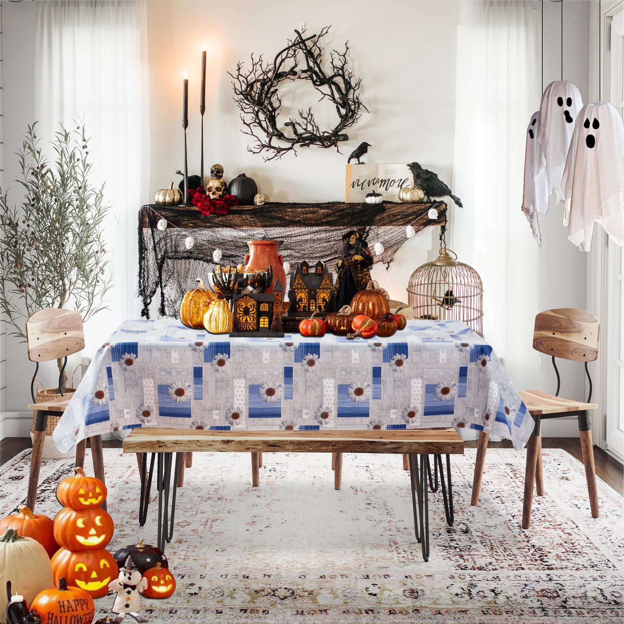 RAY STAR White Lily Design Vinyl Tablecloth With Flannel Backing Round and Rectangle