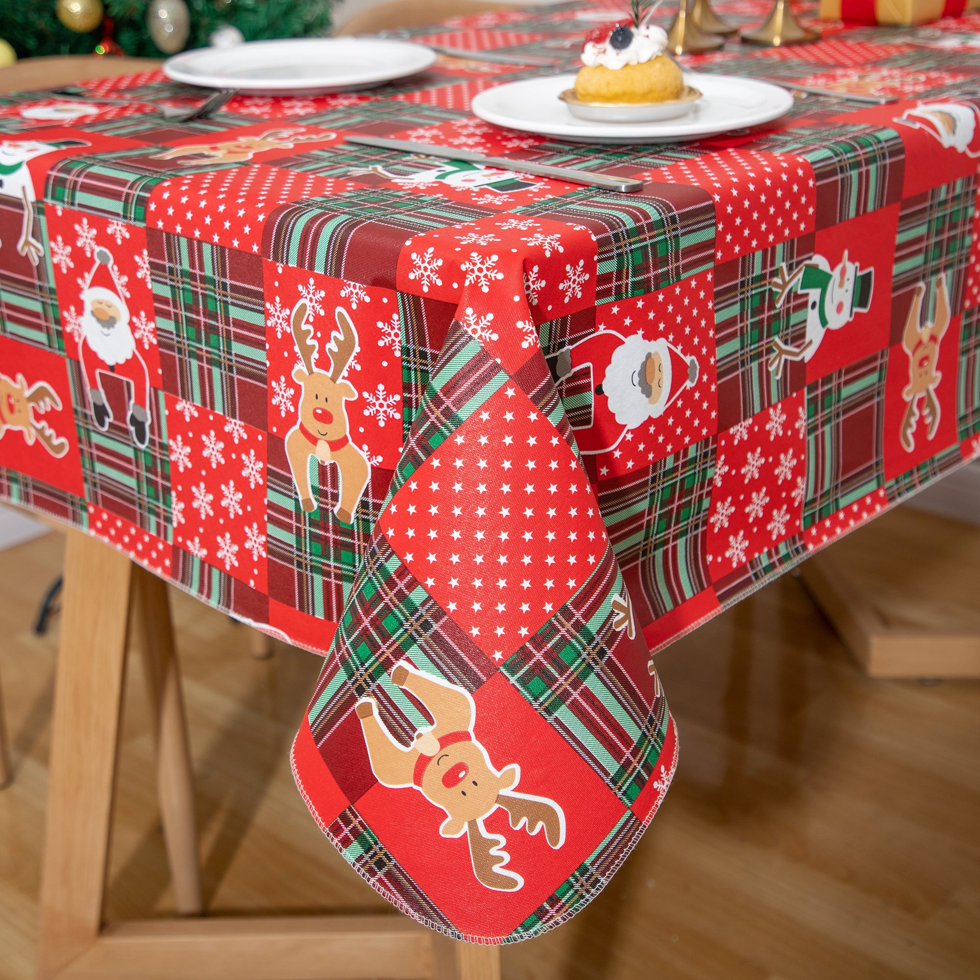 Christmas PEVA Cute elements Tablecloth Vinyl Surface with Flannel Backing Oilcloth Waterproof holiday