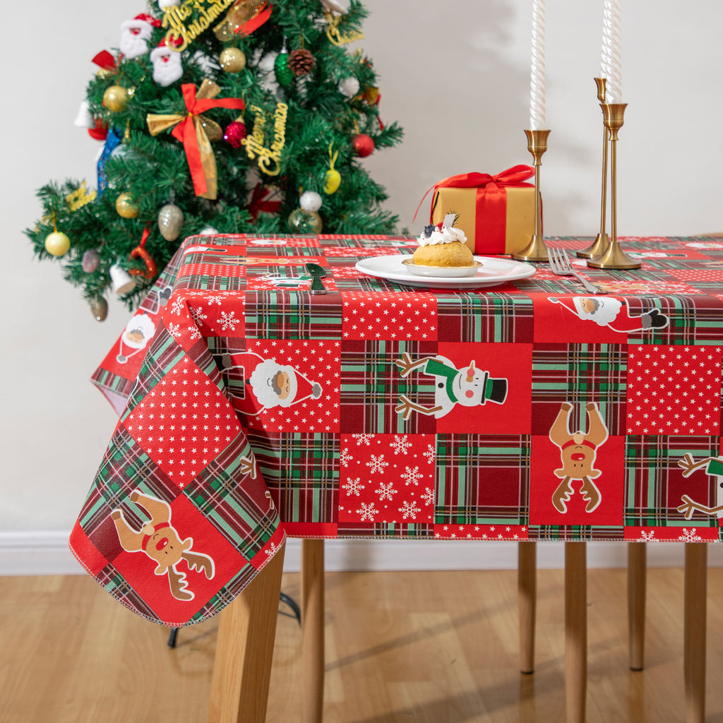 Christmas PEVA Cute elements Tablecloth Vinyl Surface with Flannel Backing Oilcloth Waterproof holiday