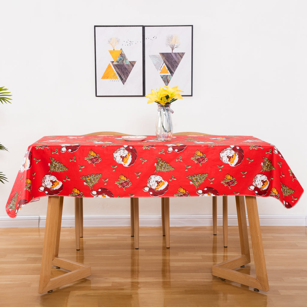 Christmas Santa Claus gift tablecloth Vinyl Surface with Flannel Backing Oilcloth Waterproof holiday(Red type)
