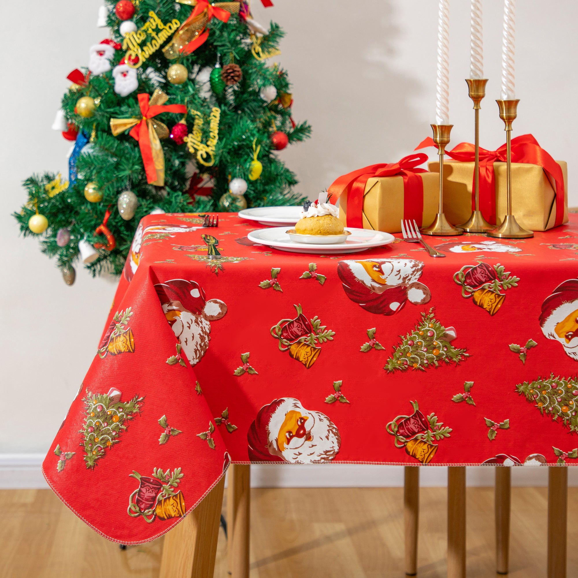 Christmas Santa Claus gift tablecloth Vinyl Surface with Flannel Backing Oilcloth Waterproof holiday(Red type)