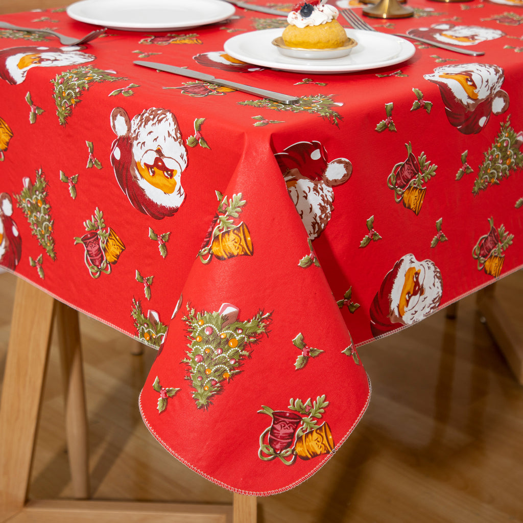 Christmas Santa Claus gift tablecloth Vinyl Surface with Flannel Backing Oilcloth Waterproof holiday(Red type)