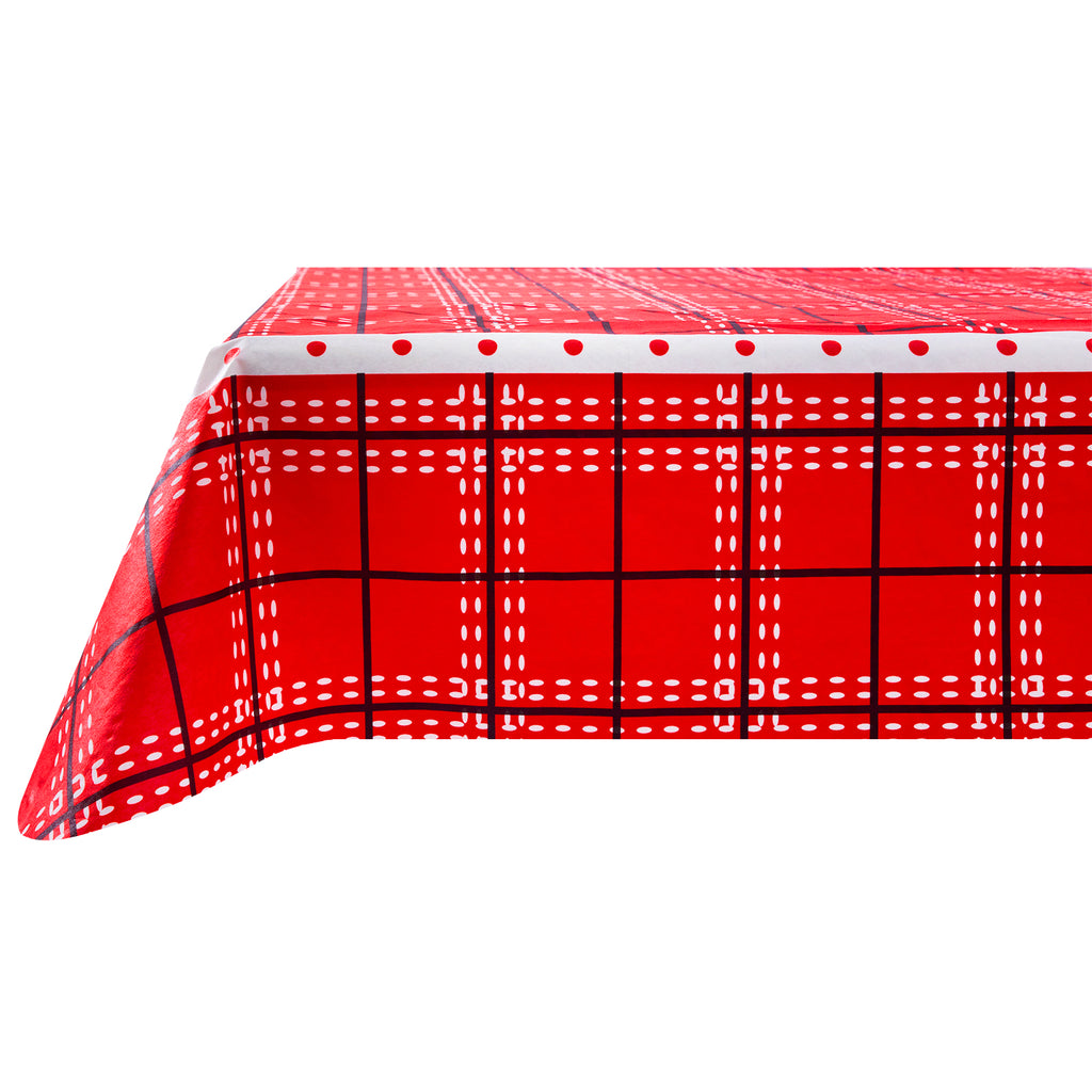 Christmas Red grid Tablecloth Vinyl Surface with Flannel Backing Oilcloth Waterproof holiday