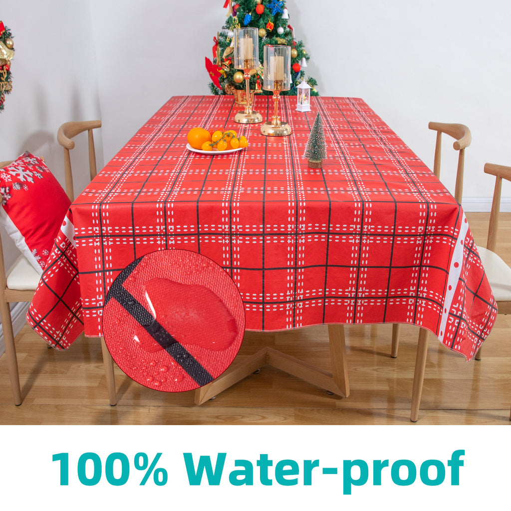 Christmas Red grid Tablecloth Vinyl Surface with Flannel Backing Oilcloth Waterproof holiday