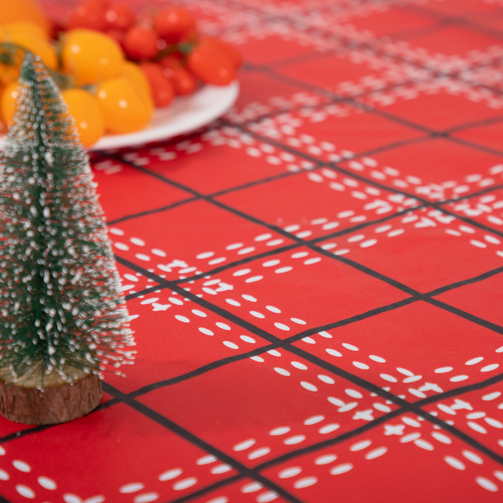 Christmas Red grid Tablecloth Vinyl Surface with Flannel Backing Oilcloth Waterproof holiday