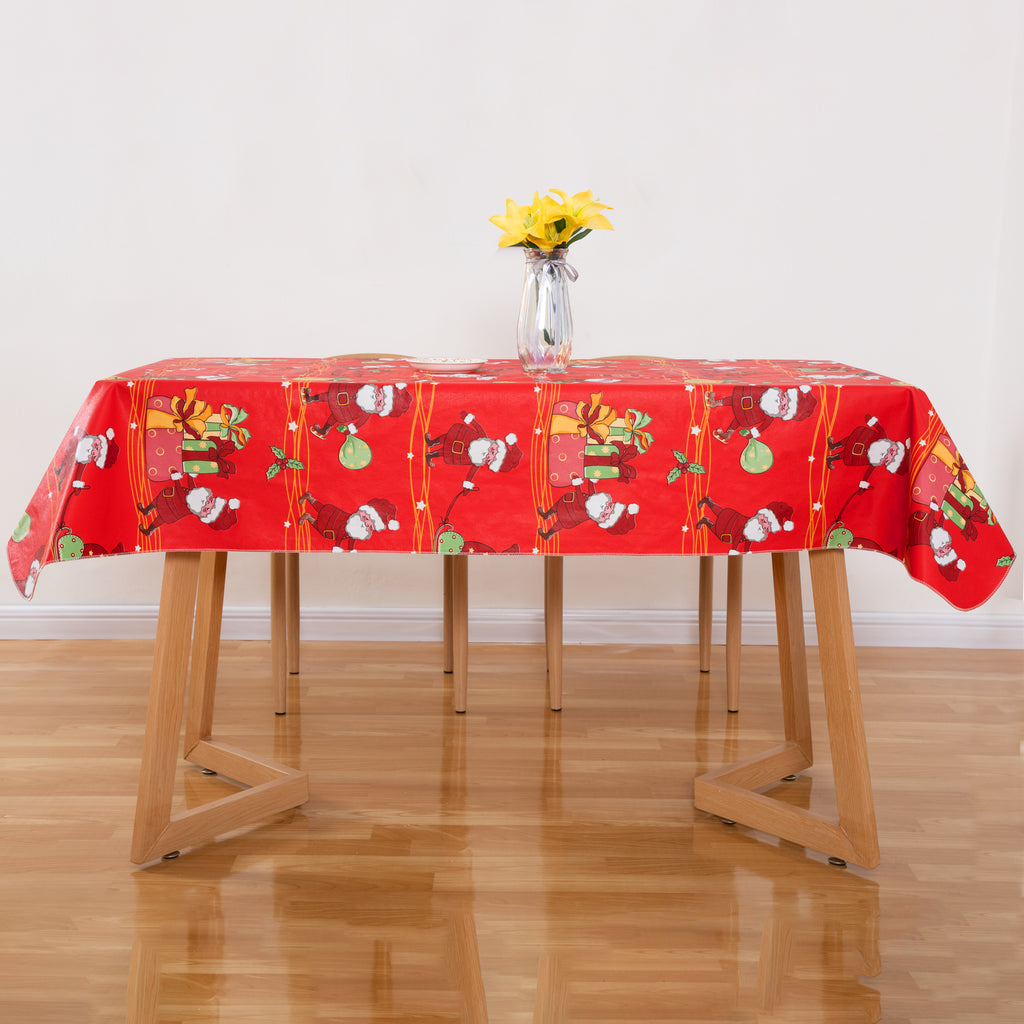 Christmas Red Santa Claus Tablecloth Table Cover Vinyl Surface with Flannel Backing Oilcloth Waterproof holiday