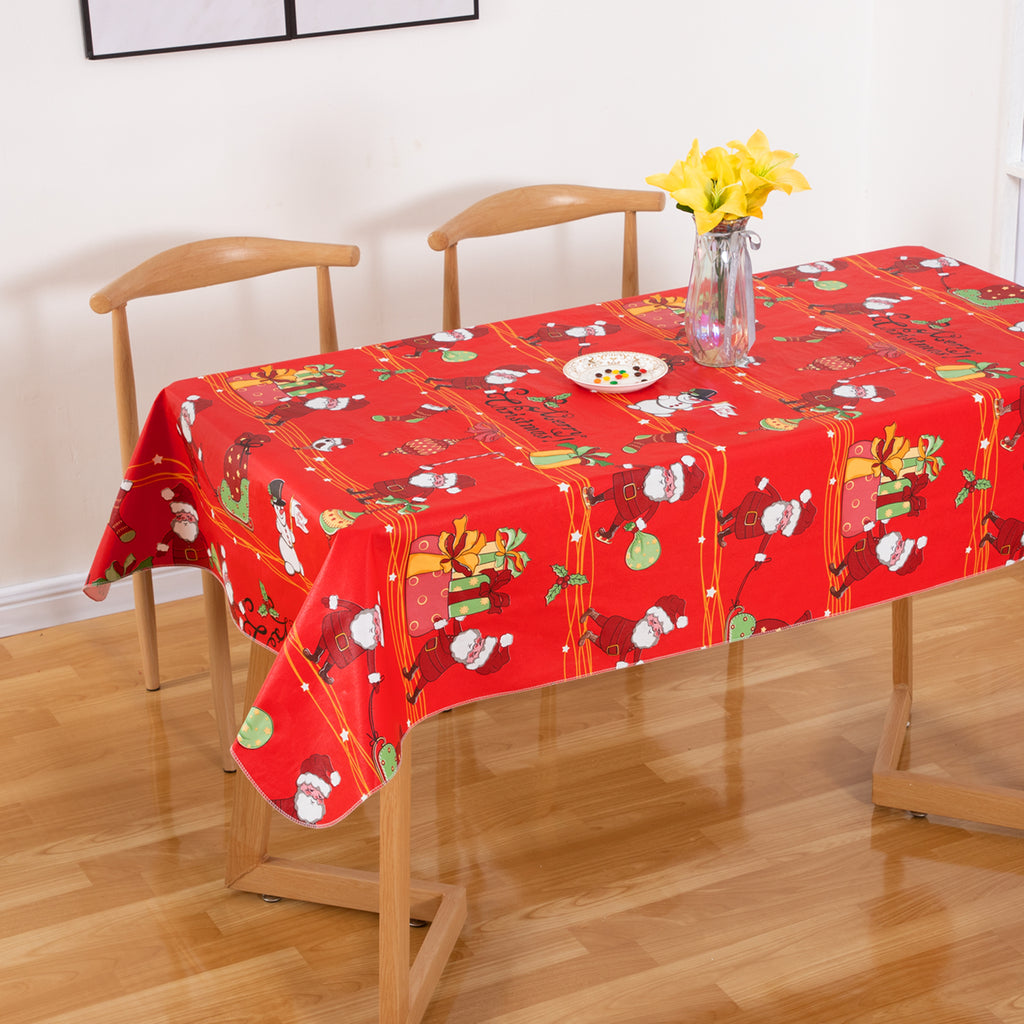 Christmas Red Santa Claus Tablecloth Table Cover Vinyl Surface with Flannel Backing Oilcloth Waterproof holiday