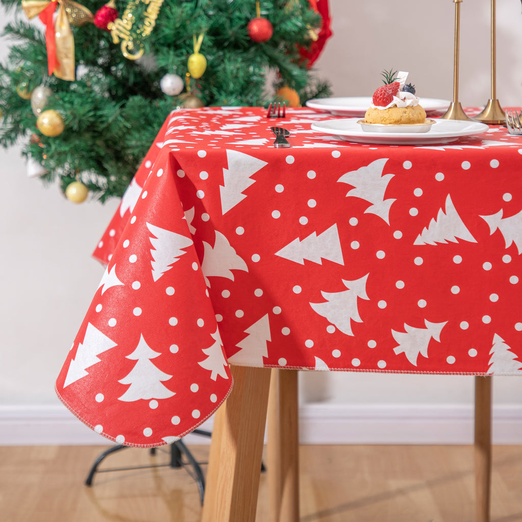 Christmas Red Tablecloth Vinyl Surface with Flannel Backing Oilcloth Waterproof holiday