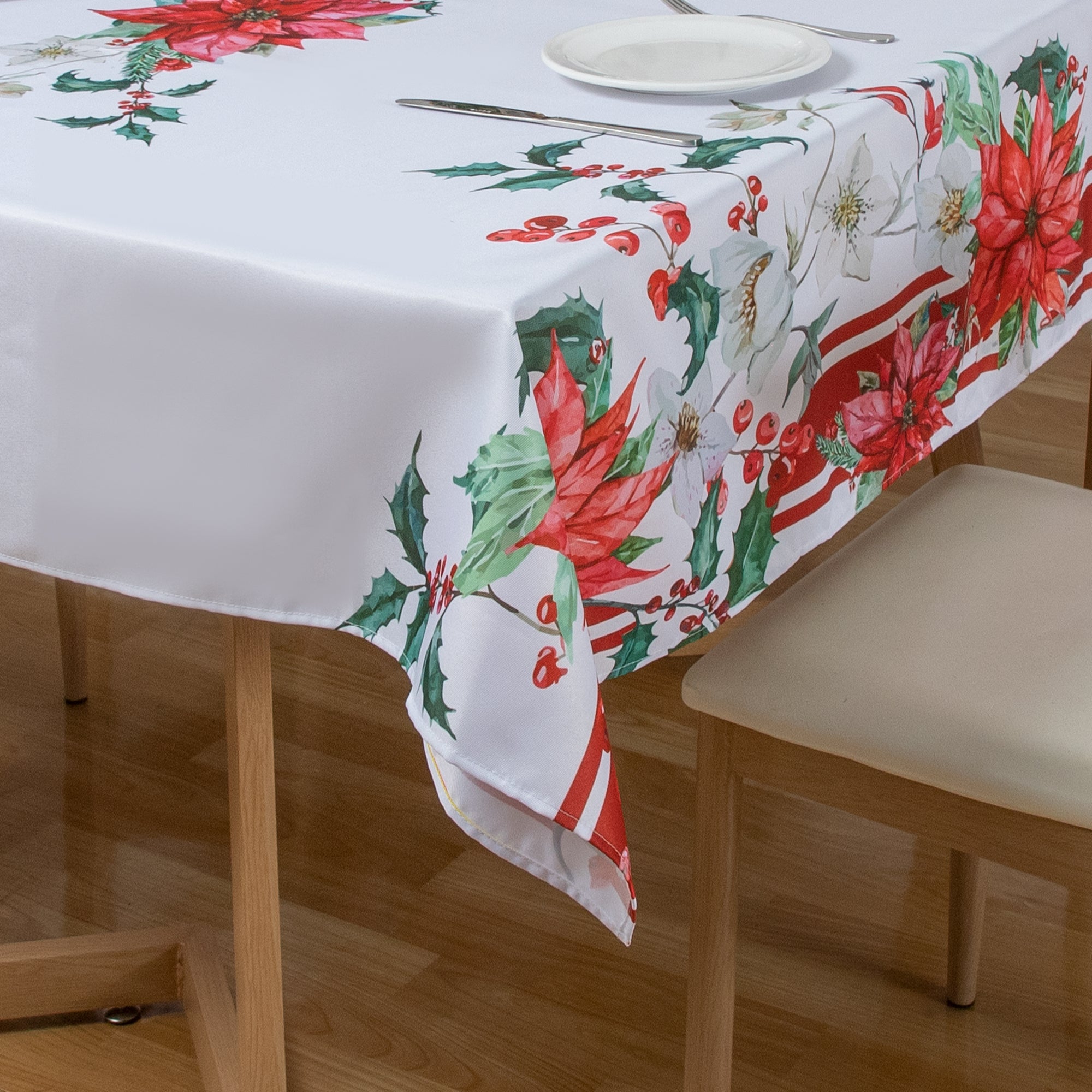 Christmas Vibrant flowers  Poinsettia Tablecloth Vinyl Surface with Flannel Backing Oilcloth Waterproof holiday
