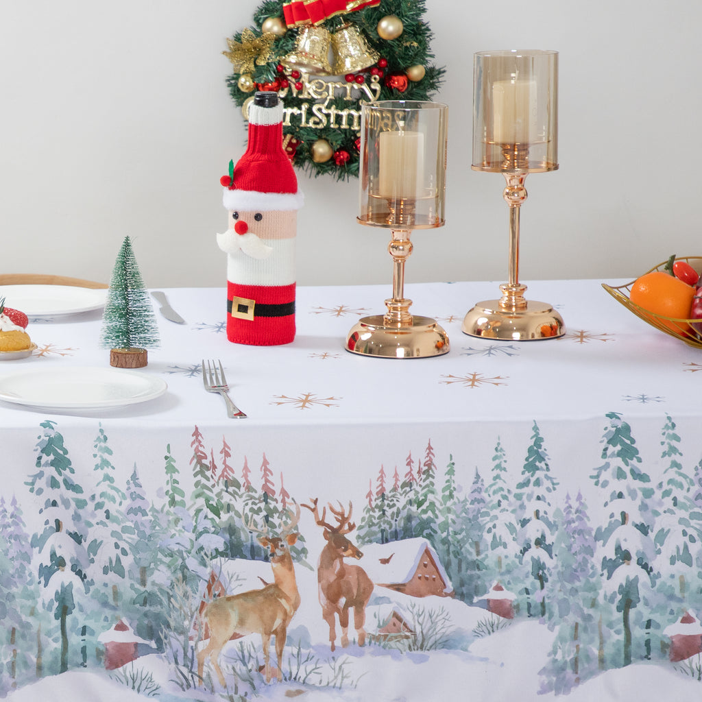 Christmas Reindeer Golden Snowflake Tablecloth Polyester Waterproof
