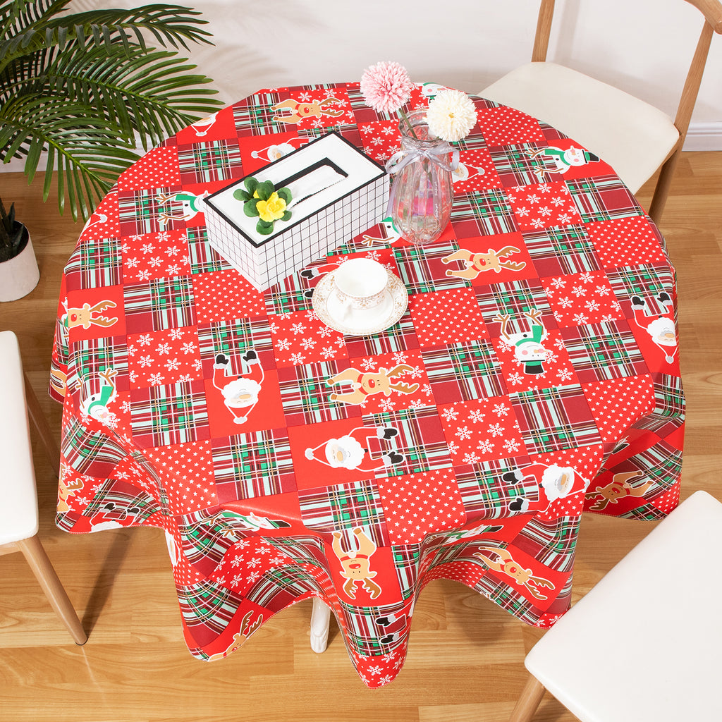 Christmas Cute elements Vinyl Tablecloth Happy Cute Santa Claus Vinyl Surface with Flannel Backing Oilcloth Waterproof holiday (Beige type)