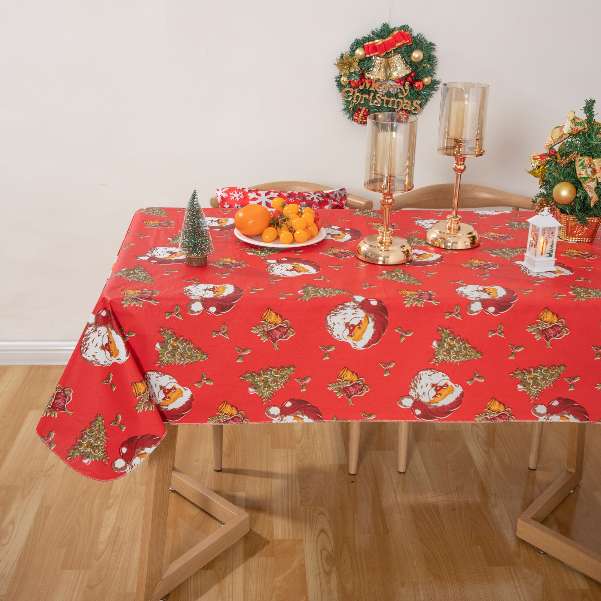 Happy Christmas Tablecloth Happy Cute Santa Claus Vinyl Surface with Flannel Backing Oilcloth Waterproof holiday (Red type)