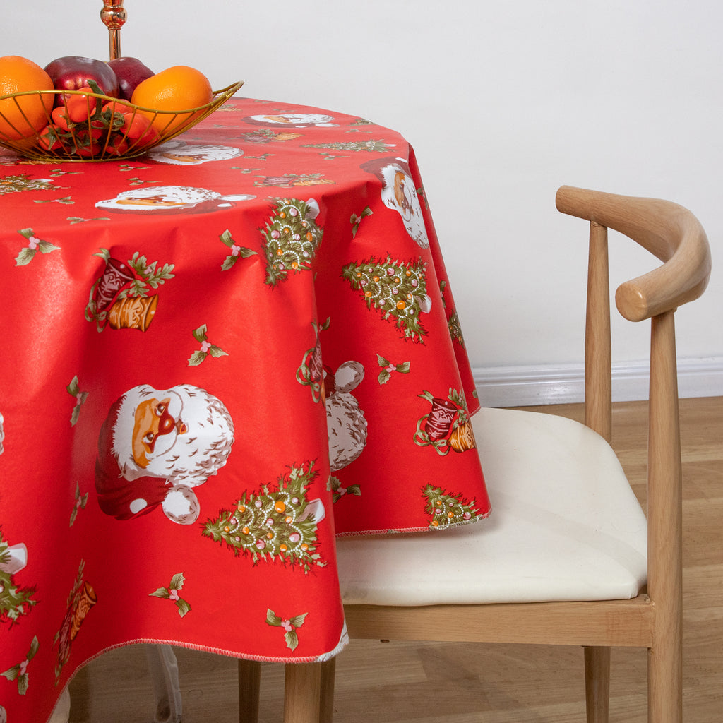Happy Christmas Tablecloth Happy Cute Santa Claus Vinyl Surface with Flannel Backing Oilcloth Waterproof holiday (Red type)