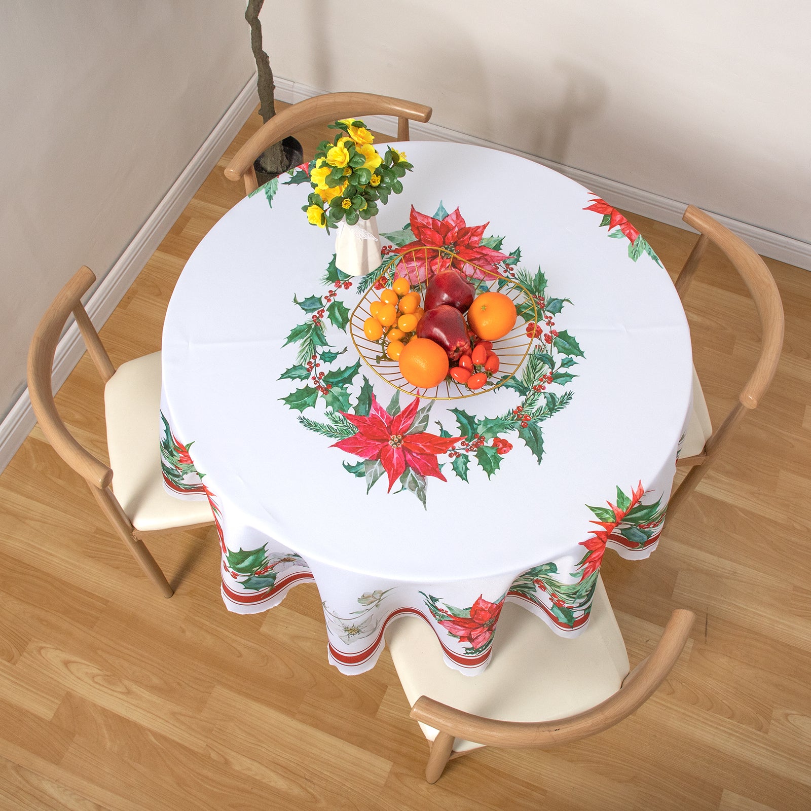 Christmas Vibrant flowers  Poinsettia Tablecloth Vinyl Surface with Flannel Backing Oilcloth Waterproof holiday