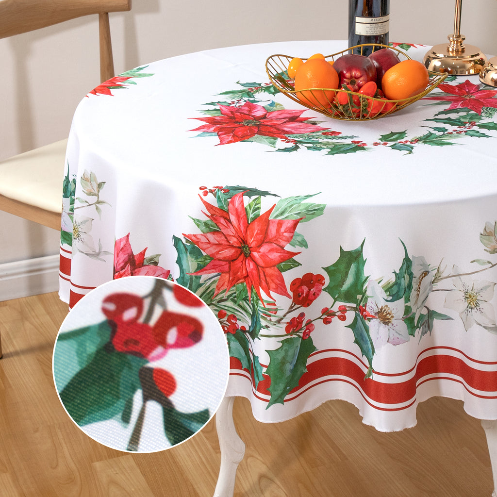Christmas Vibrant flowers  Poinsettia Tablecloth Vinyl Surface with Flannel Backing Oilcloth Waterproof holiday