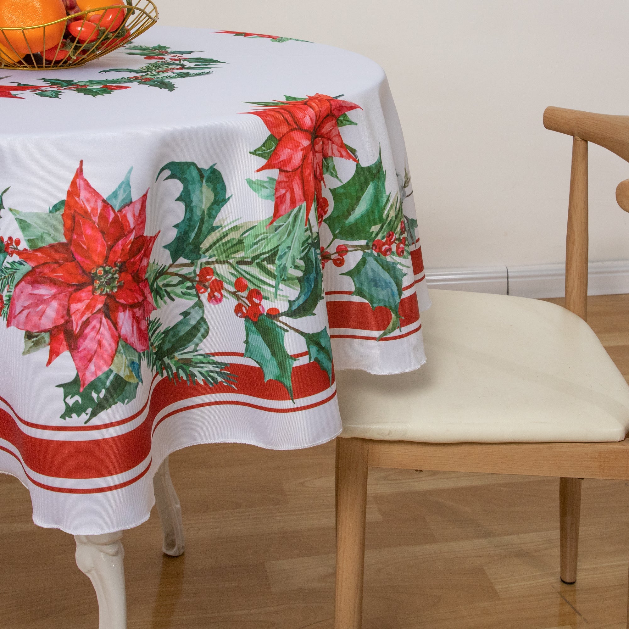 Christmas Vibrant flowers  Poinsettia Tablecloth Vinyl Surface with Flannel Backing Oilcloth Waterproof holiday