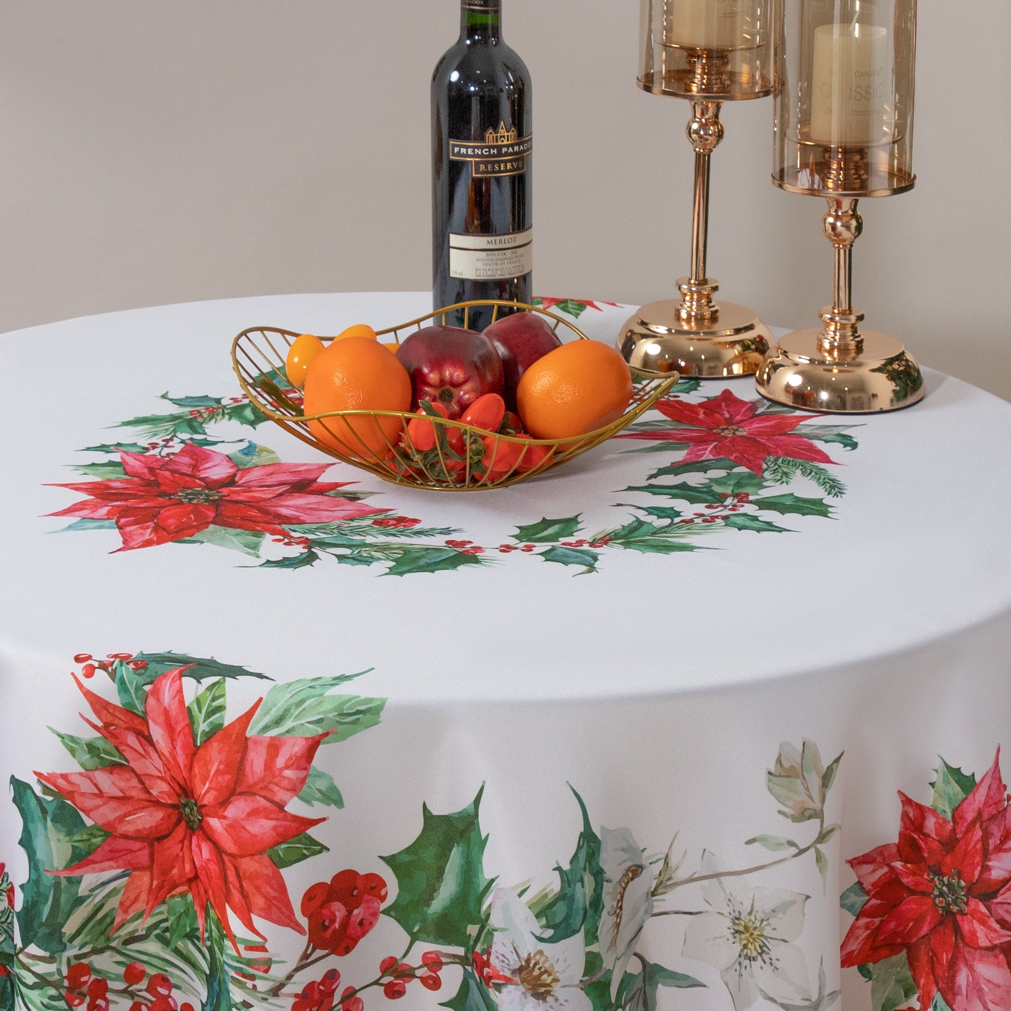 Christmas Vibrant flowers  Poinsettia Tablecloth Vinyl Surface with Flannel Backing Oilcloth Waterproof holiday