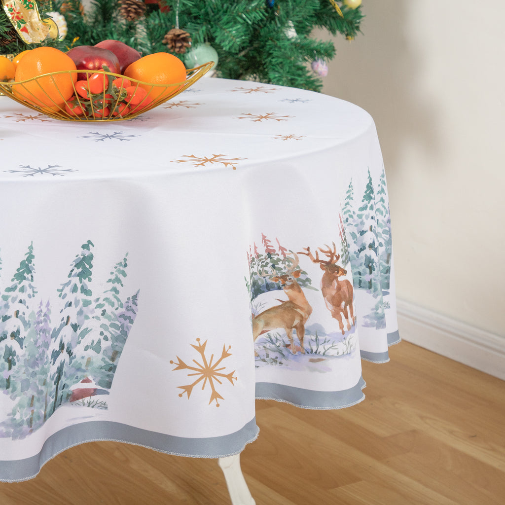 Christmas Reindeer Golden Snowflake Tablecloth Polyester Waterproof